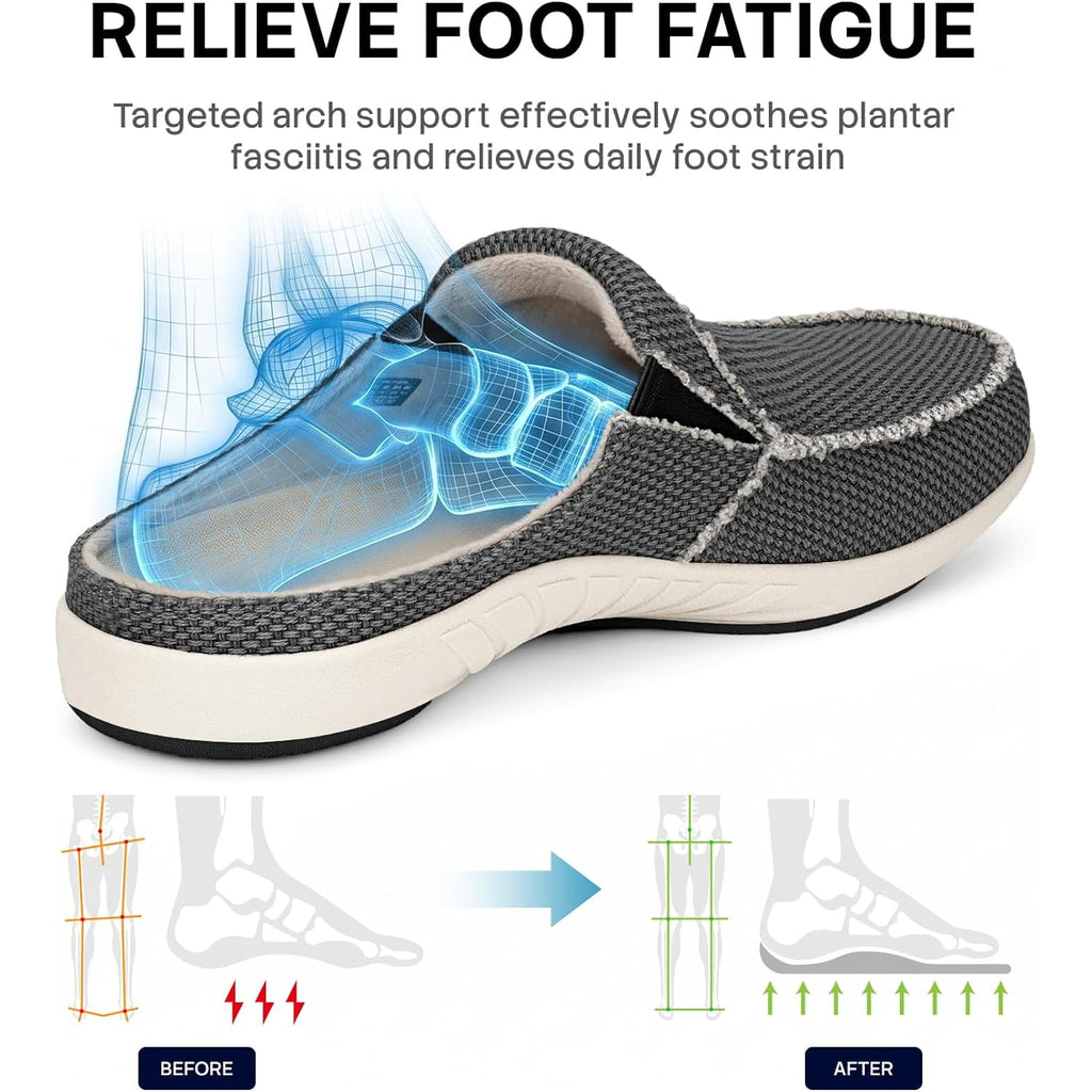 Mens Slippers With Arch Support, Canvas House Slipper For Men With Velvet Lining, Slip On Clog, Indoor Outdoor House Shoes With Anti-Skid Rubber Sole