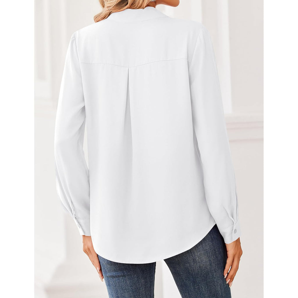 Women Blouses Chiffon Long Sleeve Button Down Shirts Business Causal Dressy Work Top V Neck Summer Spring Clothes