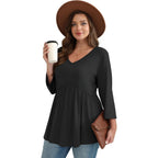Ofeefan 3/4 Length Sleeve Womens Tops 2025 Blouses For Women Dressy Casual Fashion Clothing V Neck Babydoll Tops Fall Outfits