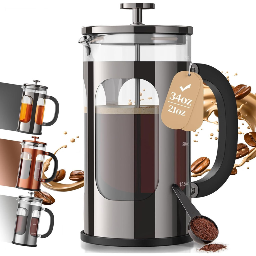 Veken French Press Coffee Maker 34oz, No Plastic Touching Cafe,Thickened Glass Stainless Steel Brewer, Cold Brew Cafetera Tea pot for Kitchen Travel Camping, Gifts, Decor, Bar Accessories, Dark Pewter
