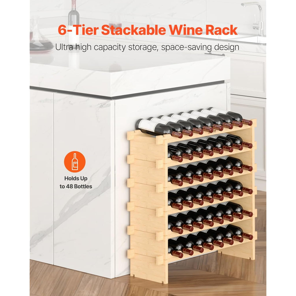 Vevor 6-Tier 48 Bottles Stackable Modular Wine Rack, Freestanding Wines Holder Display Shelf, Solid Bamboo Wood Storage Racks, Wobble-Free Shelves For Kitchens, Dining Rooms, Cellars, Natural Color