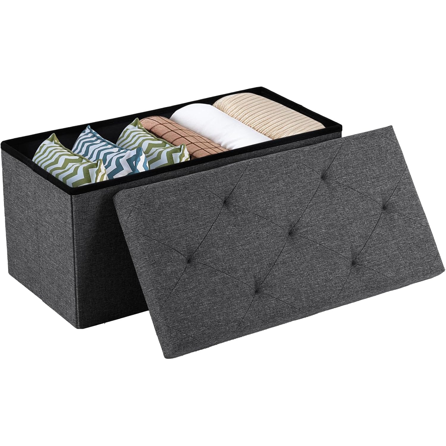 Sweetcrispy 30 Inch Folding Storage Ottoman Bench, Large Hidden Storage Chest With Padded Seat, Foot Rest Stool Supports Up To 660Lbs, End Of Bed Bench For Bedroom, Living Room, Linen Fabric, Grey