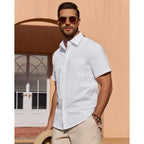 Mens Linen Textured Shirt Cotton Short Sleeve Summer Button Down Shirts | 100% Cotton, Linen-Look Texture, Casual Wear, Breathable Feel, Lightweight, Untucked, Regular Fit, Beach, Vacation, Resort