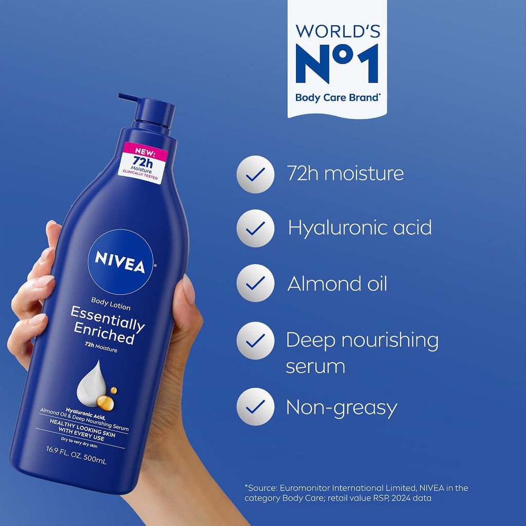 Nivea Essentially Enriched Body Lotion For Very Dry Skin With Hyaluronic Acid, Almond Oil And Deep Nourishing Serum, 72-Hour Body Moisturizer, 16.9 Fl Oz Pump Bottle