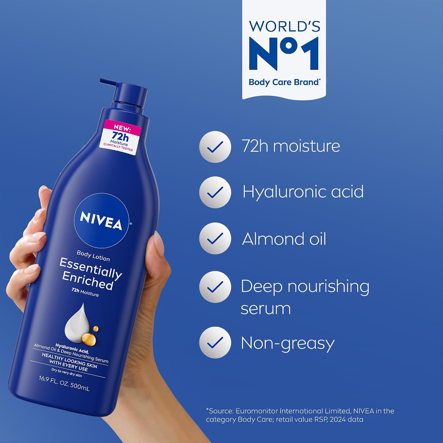 Nivea Essentially Enriched Body Lotion For Very Dry Skin With Hyaluronic Acid, Almond Oil And Deep Nourishing Serum, 72-Hour Body Moisturizer, 16.9 Fl Oz Pump Bottle