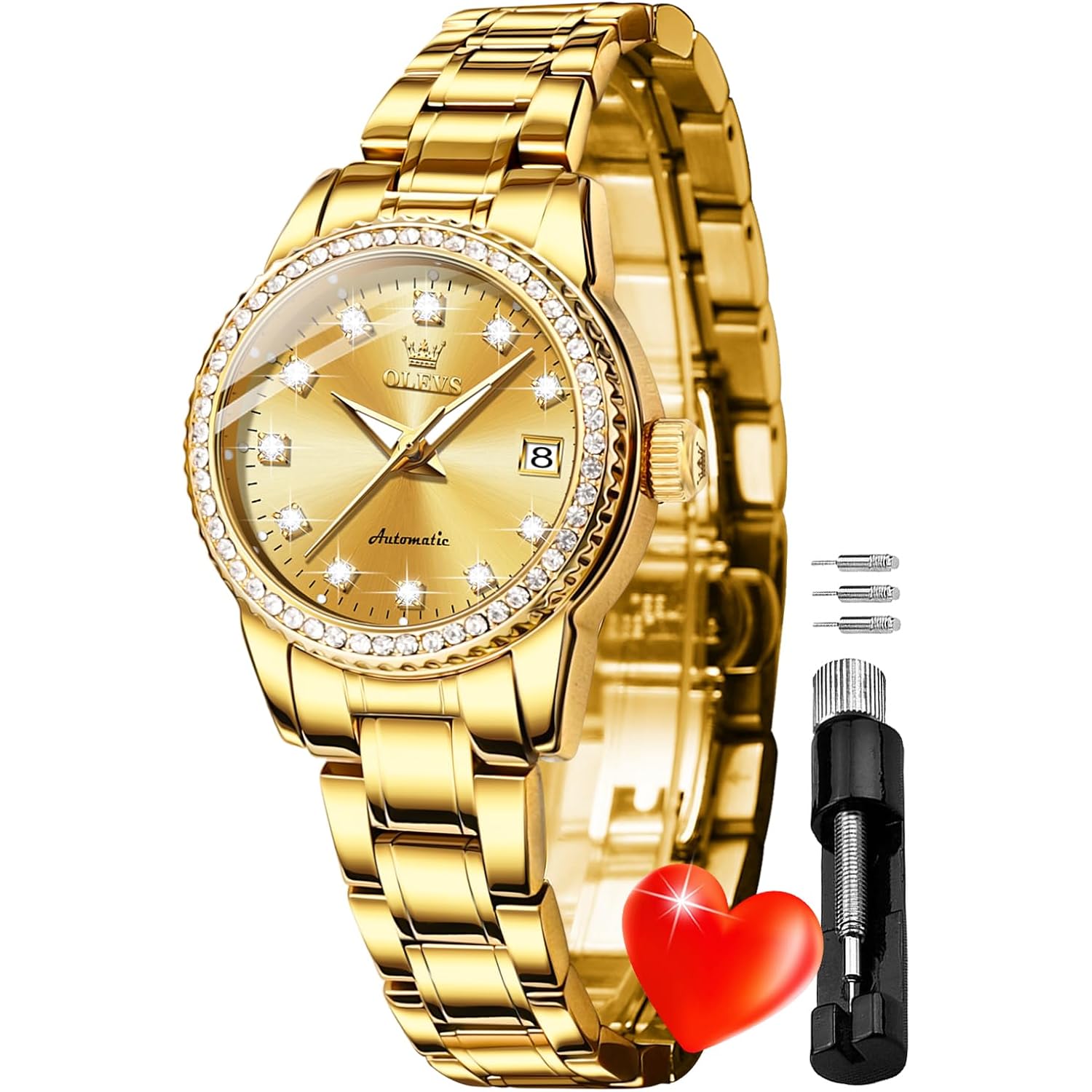 Olevs Womens Diamond Watches Automatic Mechanical Gold Luxury Dress Ladies Self Winding Original Stainless Steel Wrist Watch