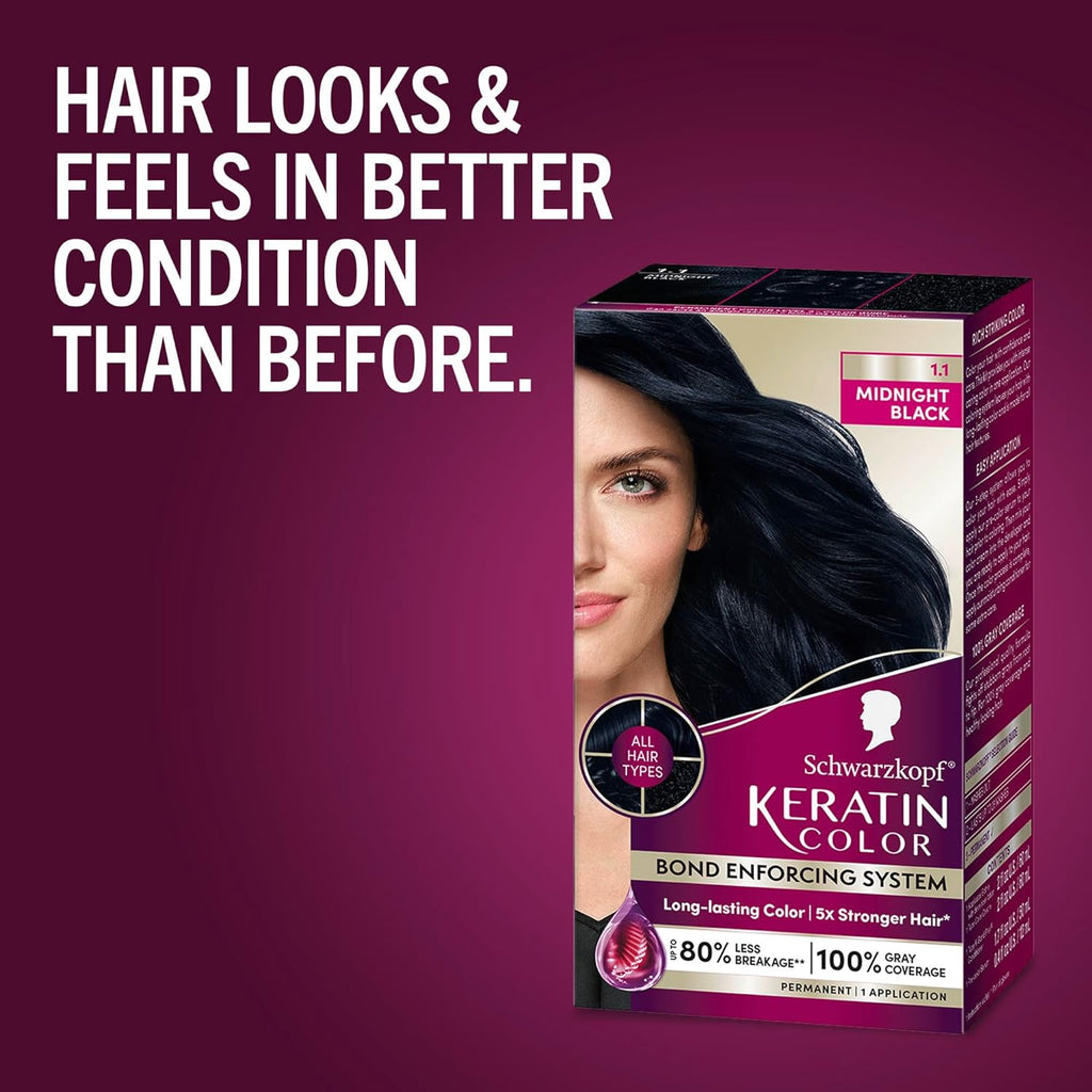 Schwarzkopf Keratin Permanent Hair Dye Cream, 1.1 Midnight Black, Professional Quality Color for Up to 100% Gray Coverage, Bond Enforcing System