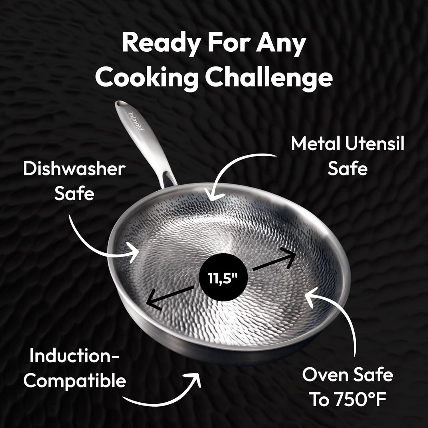 Plateful Titanium Pan For Cooking 11.5" - Pure, No Coating Non-Stick Titanium Cookware, Frying Pans, Hammered Pan, Safe For Oven, Induction & Cooktops Up To 750°F, Includes Lid