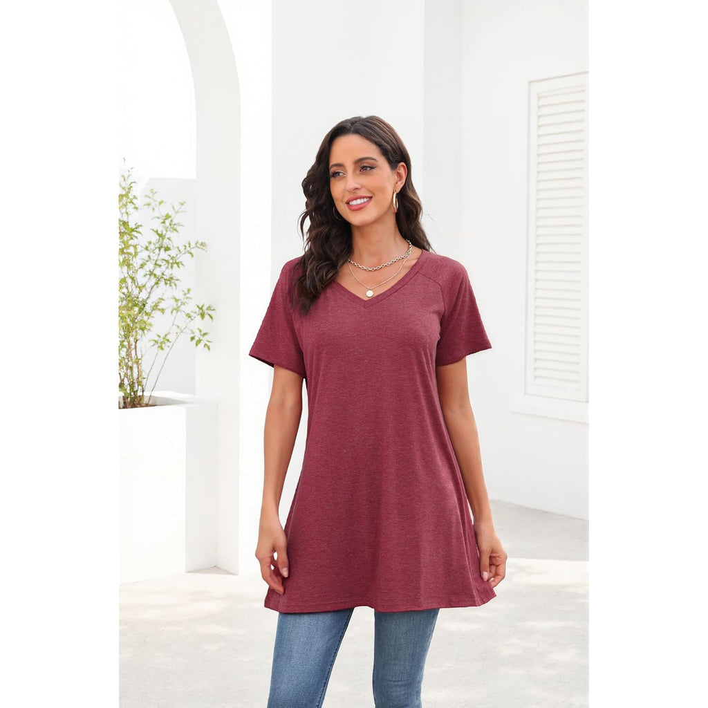 KKG Tops Tunics for Women to Wear with Leggings, Casual Loose Fit V Neck Short/Long Sleeves T Shirt