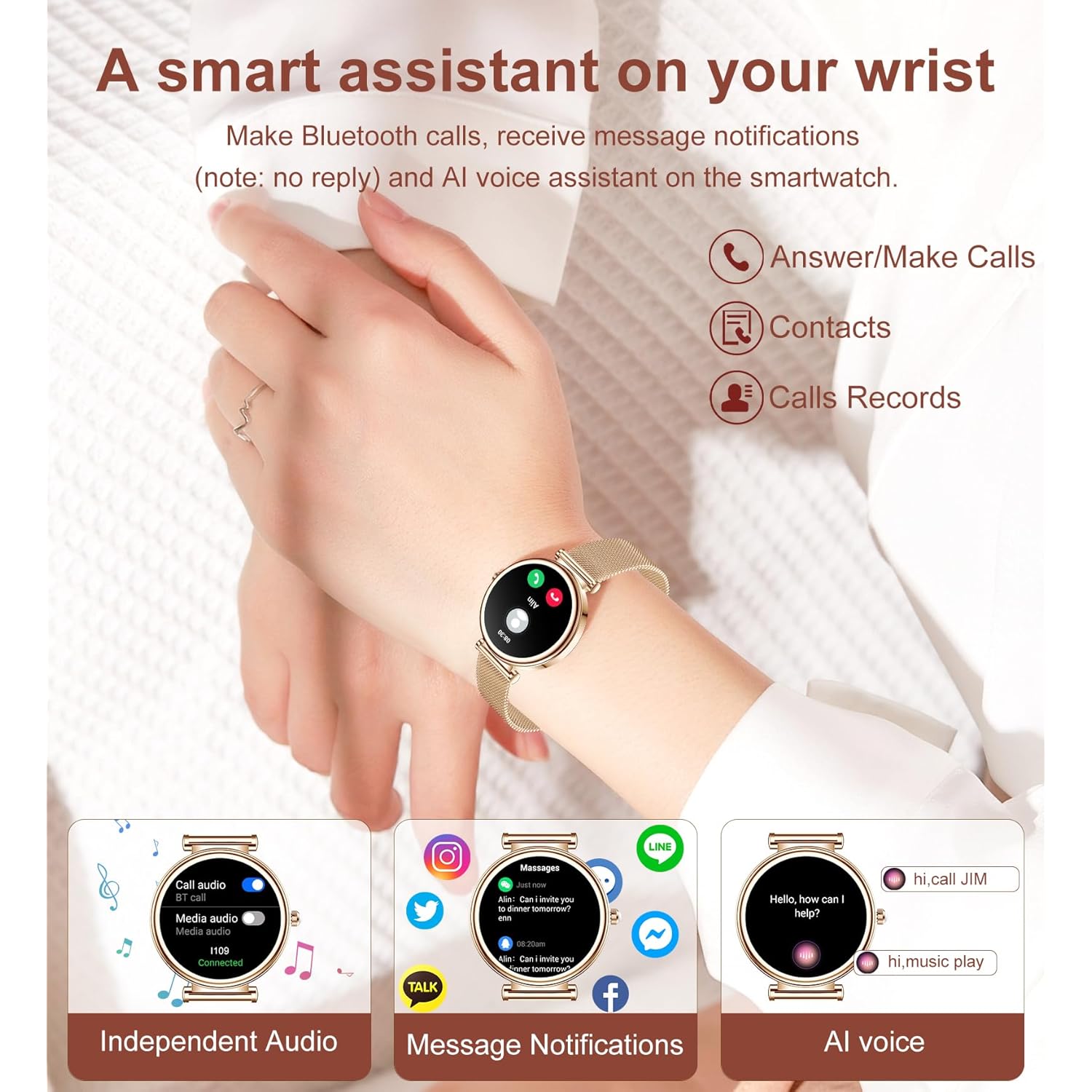 Smart watch for Women (Answer/Make Calls),1.27 Inch Round Smartwatch with 100+ sports modes, Heart Rate/Sleep Monitor Pedometer IP68 Waterproof Activity Fitness Watch for iPhone Android, Rose Gold