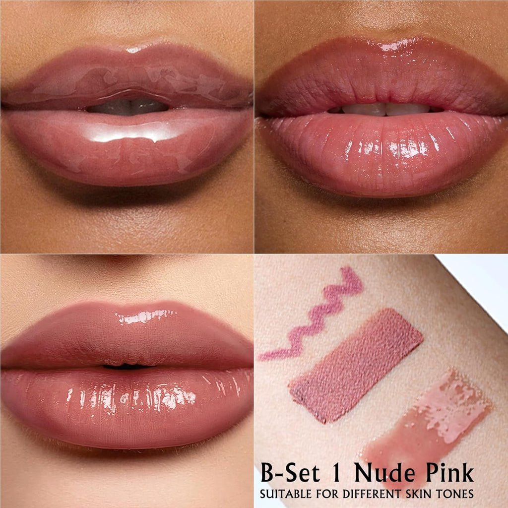 Nude Pink Lip Kit - Matte Lipstick Cream Lip Liner and Gloss Set High Pigment Plumping Lip Pencil Moisturizing Lightweight Liquid Lipstick Smooth Buildable Long Lasting Lip Combo Makeup
