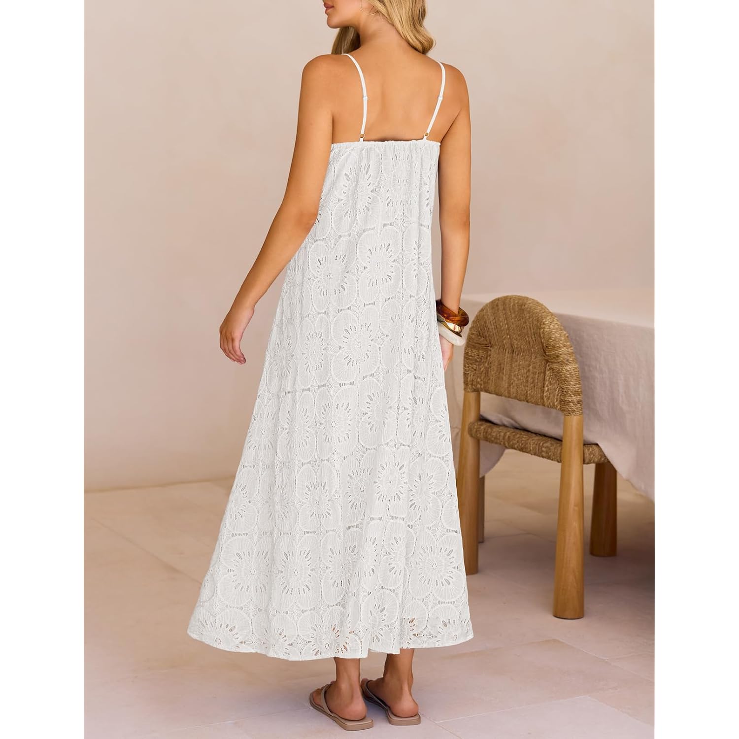 Merokeety Women'S Summer Spaghetti Straps Sundress 2026 Casual Sleeveless Floral Lace Eyelet Boho Beach Maxi Dress