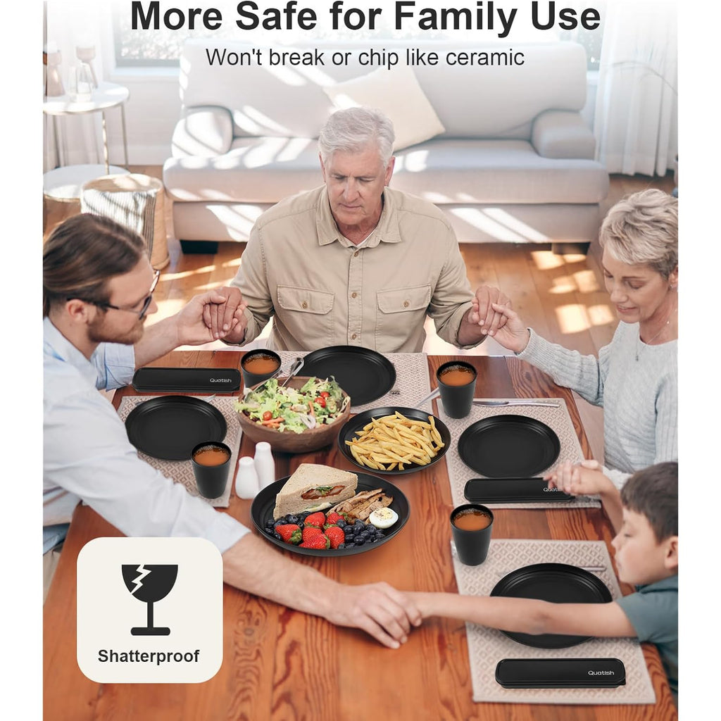 Quatish 24 Piece Plates and Bowls Sets for 6, Unbreakable Dinnerware Sets, Dish Set for Camping, Dishwasher Microwave Safe, Outdoor Kitchen and Apartment Dinning RV Essentials, Black