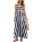 Huaqiao Womens Summer Striped Maxi Dress Sleeveless Square Neck Spaghetti Strap Flowy Beach Boho Vacation Sundress