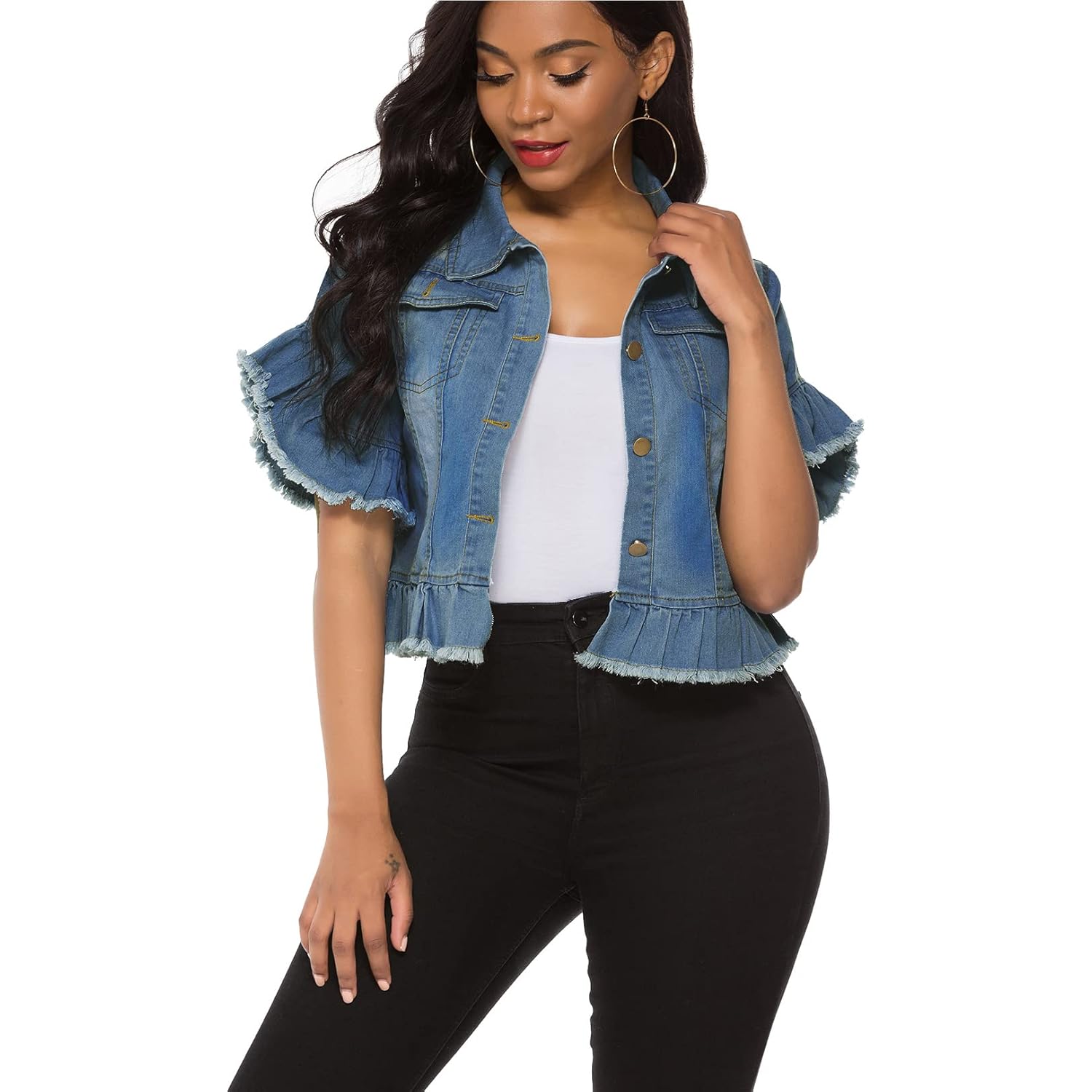 Suvimuga Women's Denim Jacket Button Down Distressed Ruffle Sleeve Crop Jean Jackets Coat