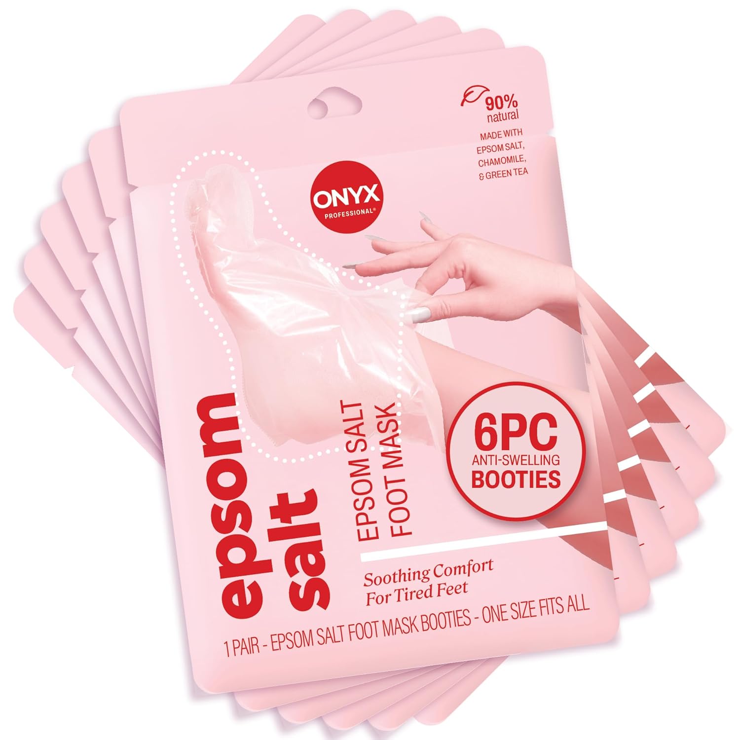 Onyx Professional Epsom Salt Foot Mask, 6 Pairs - Made with Epsom Salt and Chamomile, Helps Fight Swelling and Soreness, Relax Tired Feet, Easy-to-use Booties, One Size Fits All