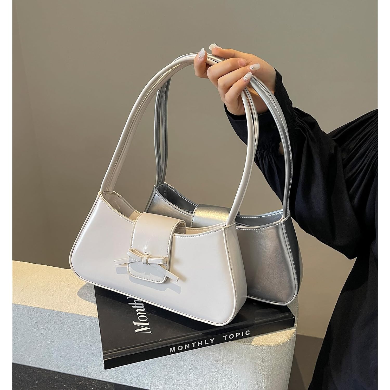 Shoulder Bag for Women, Hobo Handbags Trendy Y2K Purses Patent Leather Clutch Bag Cute Bow Purse