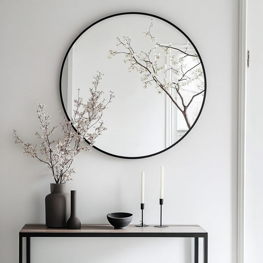 Oruii Round Mirror, Black Round Mirror 24 inch, Circle Wall Mirrors Metal Frame, Black Circular Mirrors for Bathroom, Wall, Living Room, Entryway, Hallway, Vanity, Rustic