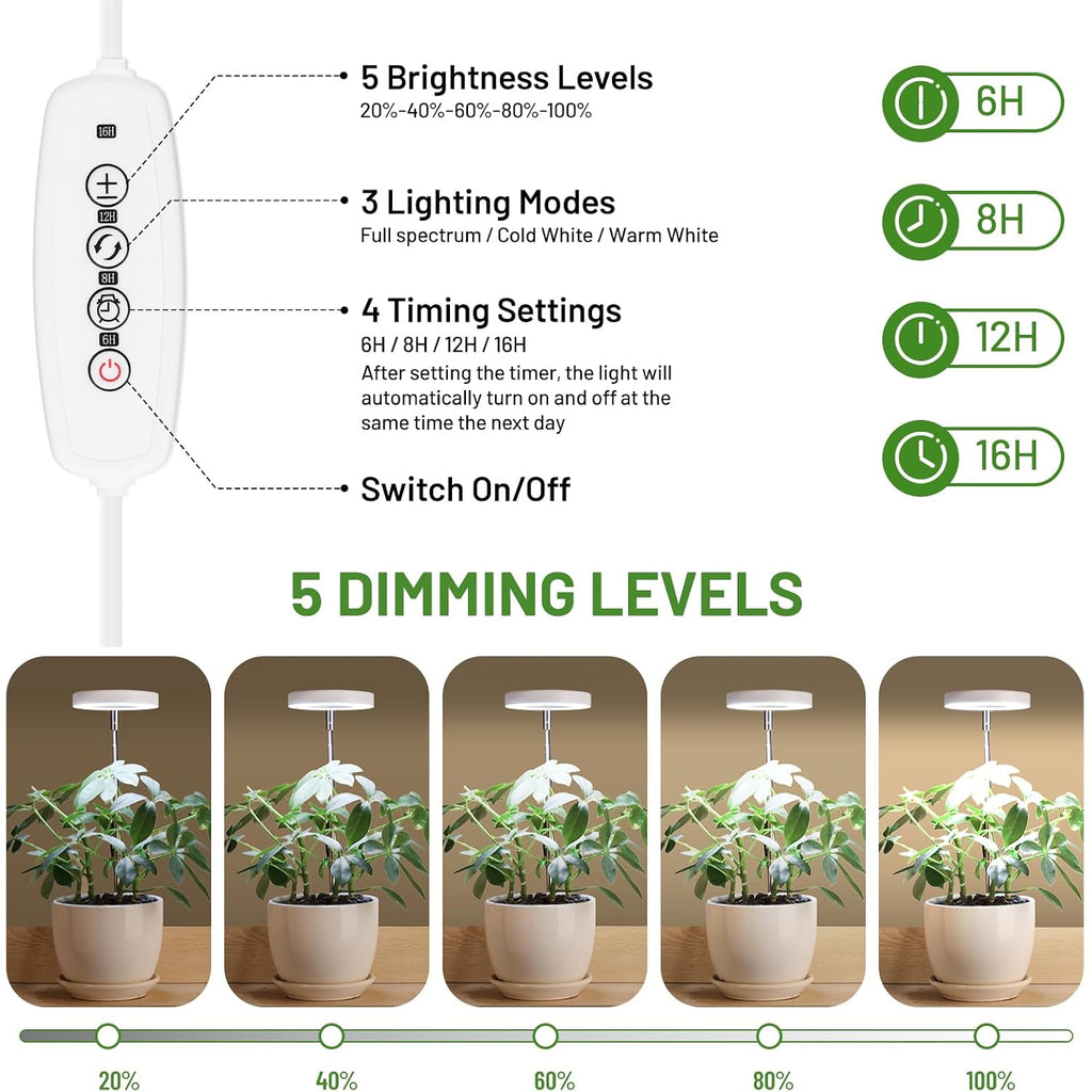 Lbw Grow Light For Indoor Plants, Full Spectrum Plant Light With Base, Height Adjustable Plant Growing Lamp With Auto On/Off Timer 6/8/12/16H, 3 Colors,5 Dimmable Brightness, For Small Plants, White