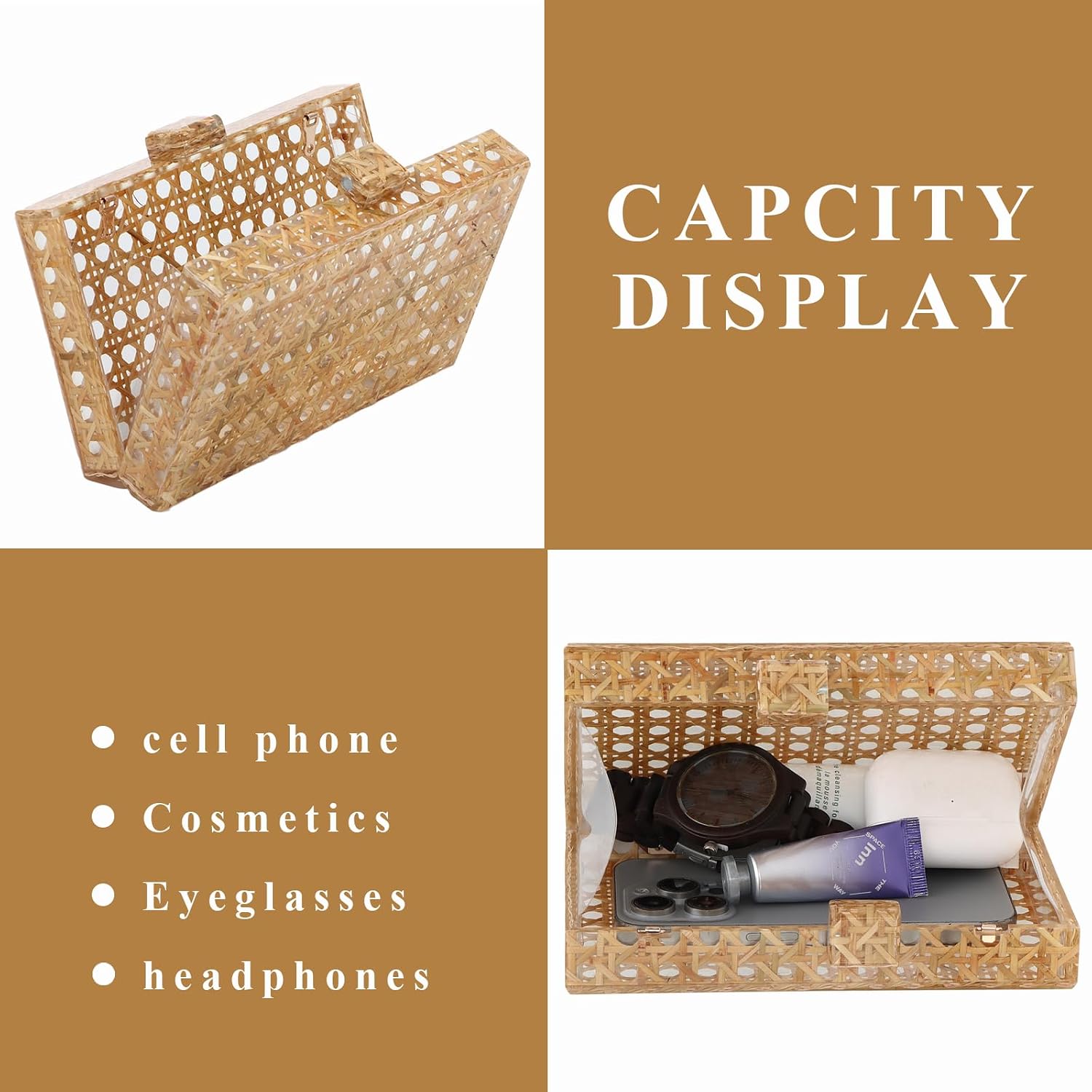 Goktow Rattan Acrylic Bag Clutch Purse Evening Bag Woven Handbag Summer Beach Purse