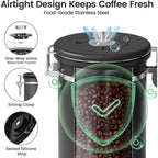 Veken Coffee Canister With Window,Airtight Stainless Steel Pantry Container,Kitchen Food Storage Organizers For Beans,Ground,Espresso,Rice,Tea,Sugar, Cereal, Bar Accessories,Gifts,Lids,Jars,22Oz,Black