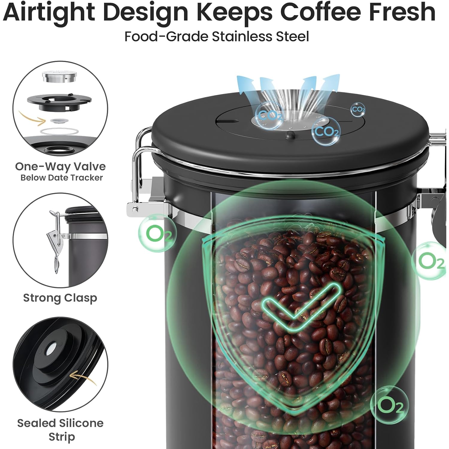 Veken Coffee Canister With Window,Airtight Stainless Steel Pantry Container,Kitchen Food Storage Organizers For Beans,Ground,Espresso,Rice,Tea,Sugar, Cereal, Bar Accessories,Gifts,Lids,Jars,22Oz,Black