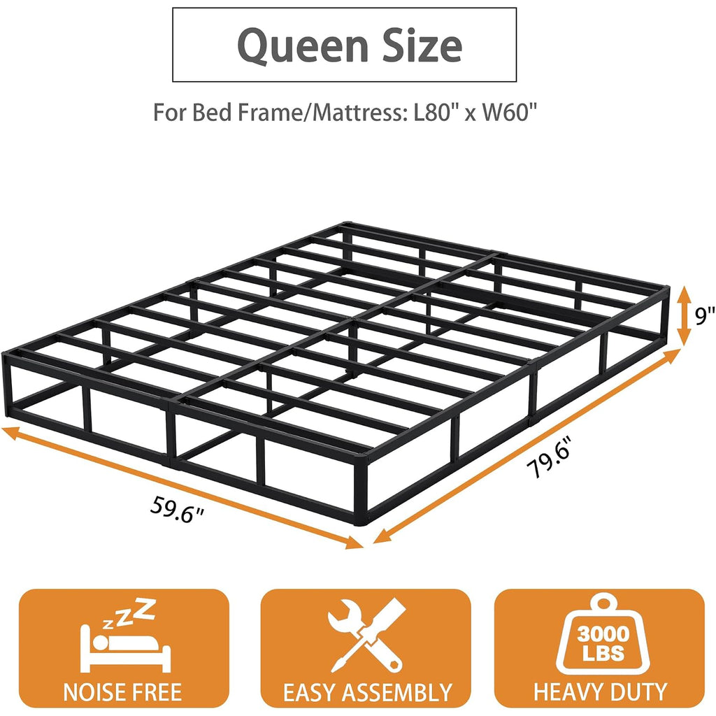 Snaye Queen Size Box Spring Bed Base 9 Inch, 3000Lbs Heavy Duty Box Spring Queen Metal Mattress Foundation, Tool-Free Easy Assembly, Noise Free | Tool-Free Assembly, Noise Free, 3000Lbs Heavy Duty