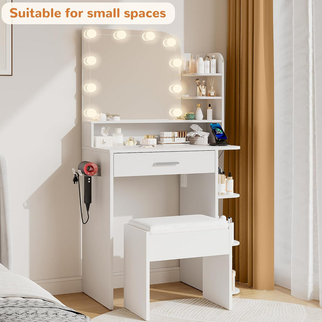 Makeup Vanity With Chair, Small Vanity Desk With Mirror And Lights 3 Colors, Girls Vanity Set With Power Outlet, Compact Vanity Table For Small Space, White