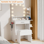 Makeup Vanity With Chair, Small Vanity Desk With Mirror And Lights 3 Colors, Girls Vanity Set With Power Outlet, Compact Vanity Table For Small Space, White