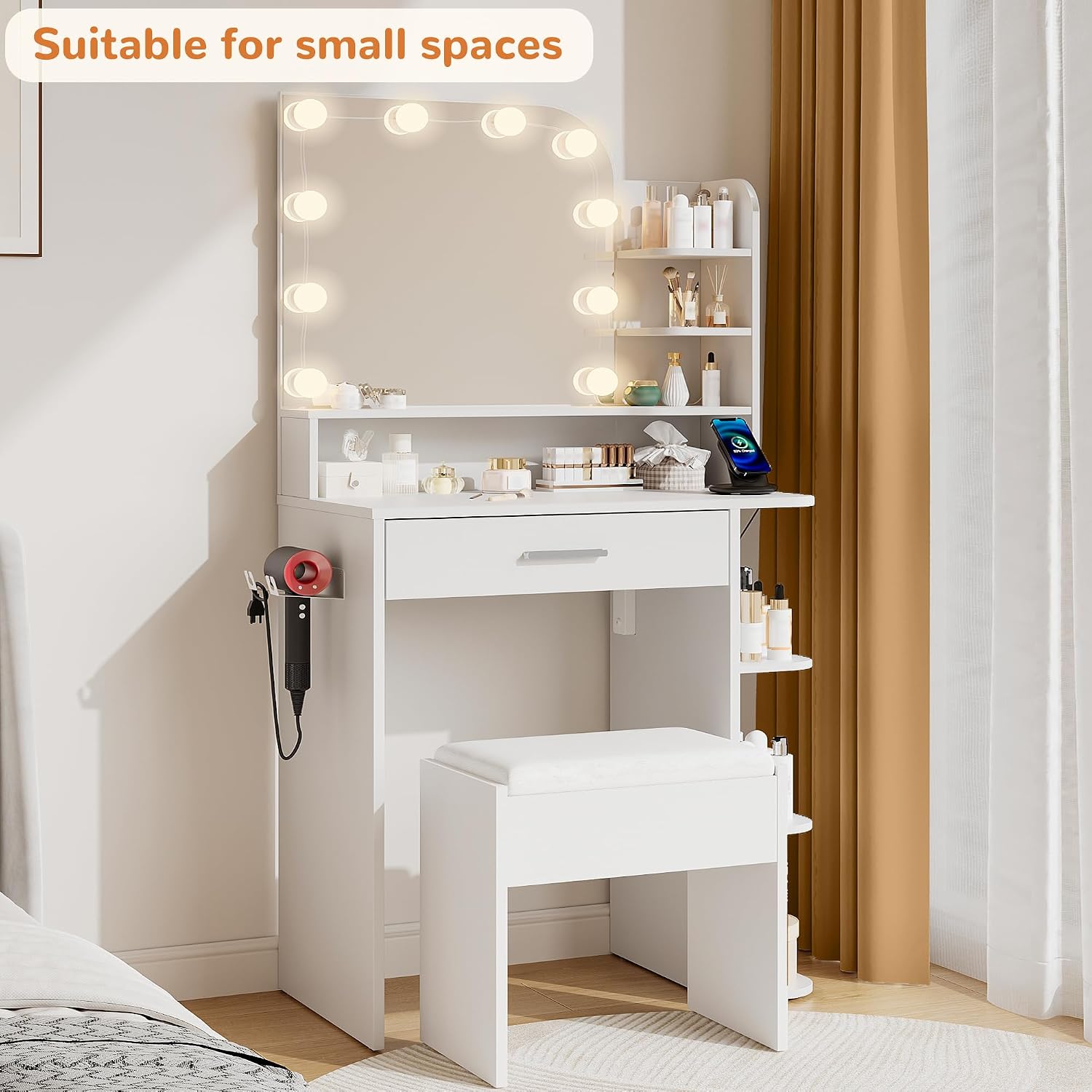 Makeup Vanity With Chair, Small Vanity Desk With Mirror And Lights 3 Colors, Girls Vanity Set With Power Outlet, Compact Vanity Table For Small Space, White