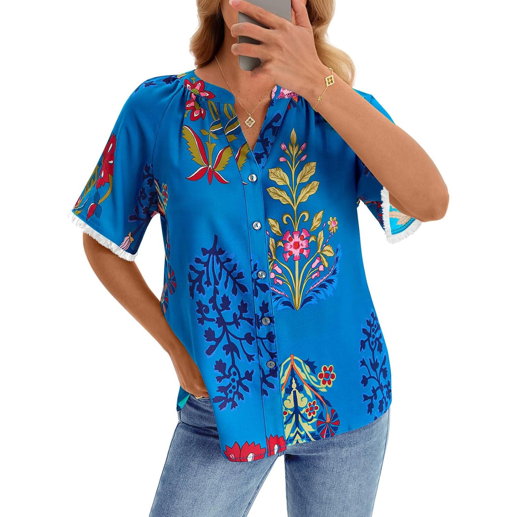 Button Down Shirts for Women Short Sleeve Boho Tops V Neck Dressy Blouses Summer Casual Outfits