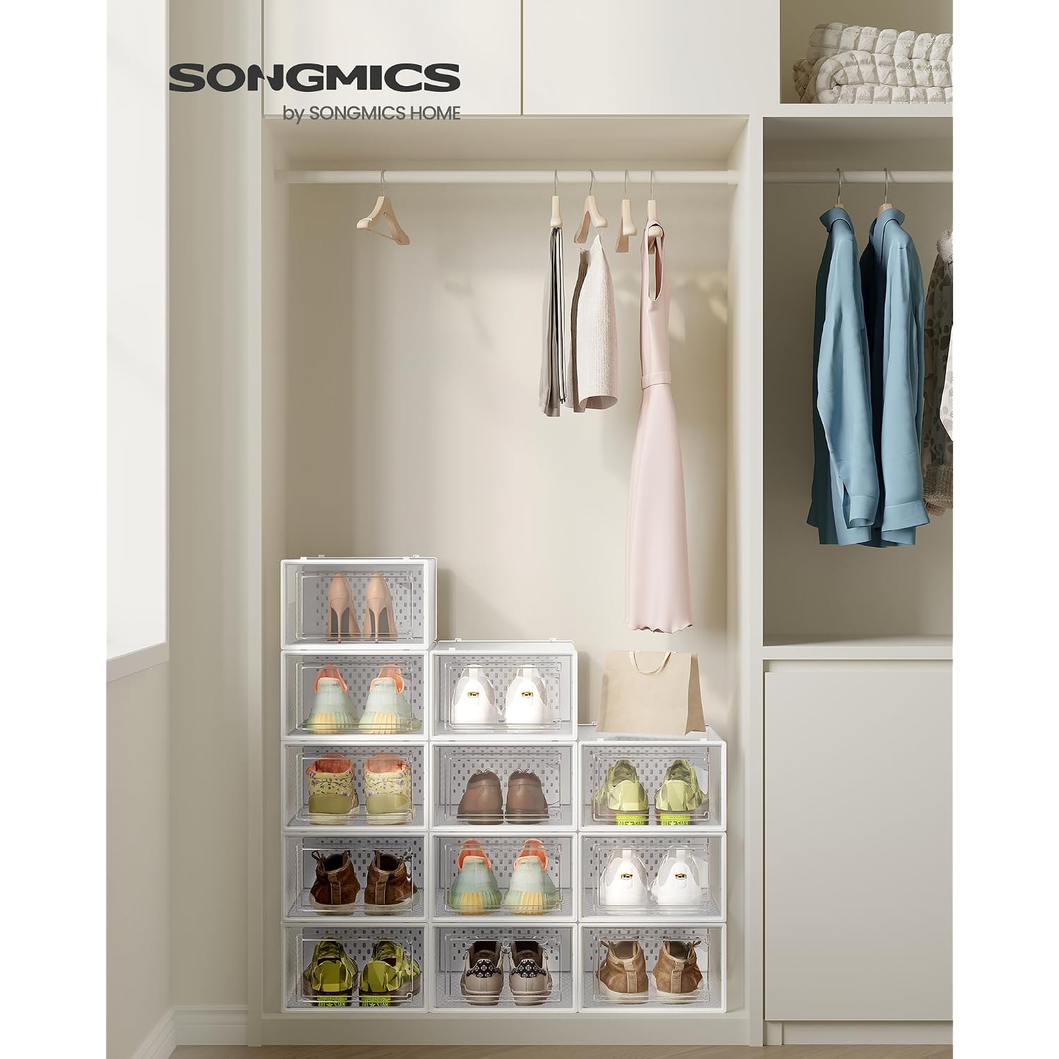 Songmics Shoe Boxes, Pack Of 12 Shoe Storage Organizers, Stackable Clear Plastic Boxes For Closet, Sneakers, 13.1 X 9.1 X 5.6 Inches, Transparent And White Ulsp12Swt