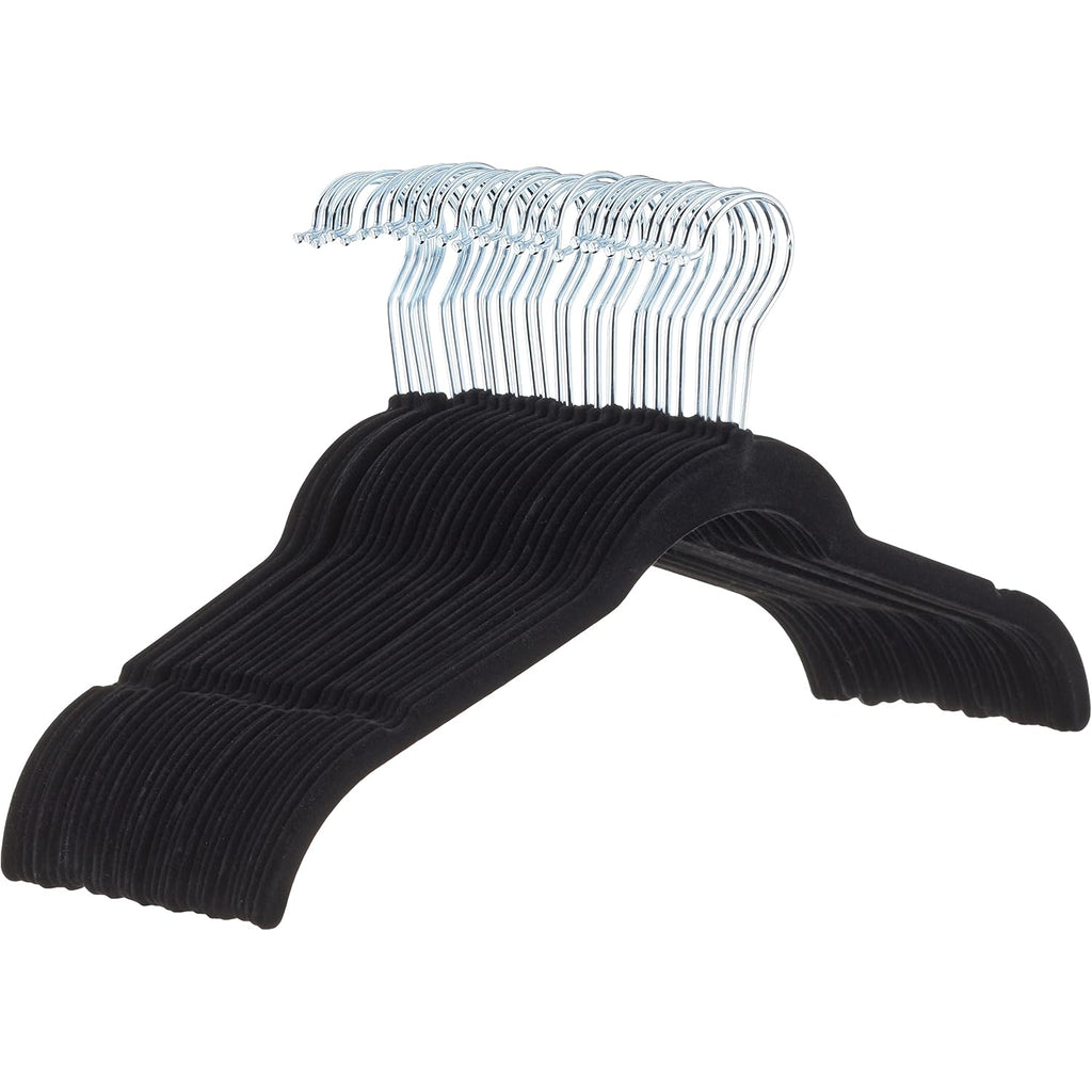 Amazon Basics Space-Saving Slim Velvet Non-Slip Clothes Hangers For Closet Organization With Shoulder Notches, Black/Silver, 30-Pack