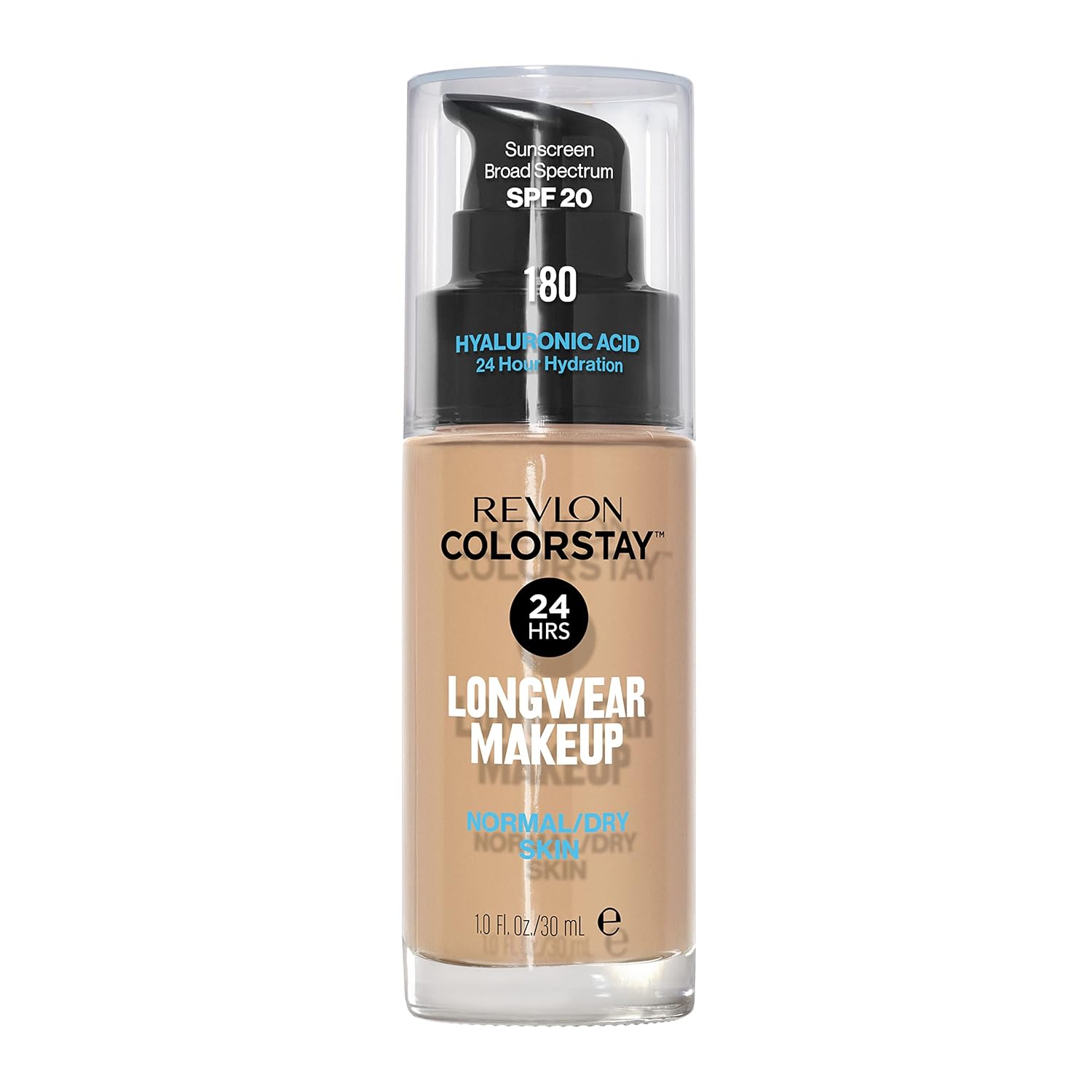 Revlon Liquid Foundation, ColorStay Face Makeup for Normal & Dry Skin, SPF 20, Longwear Medium-Full Coverage with Natural Finish, 180 Sand Beige, 1 fl oz
