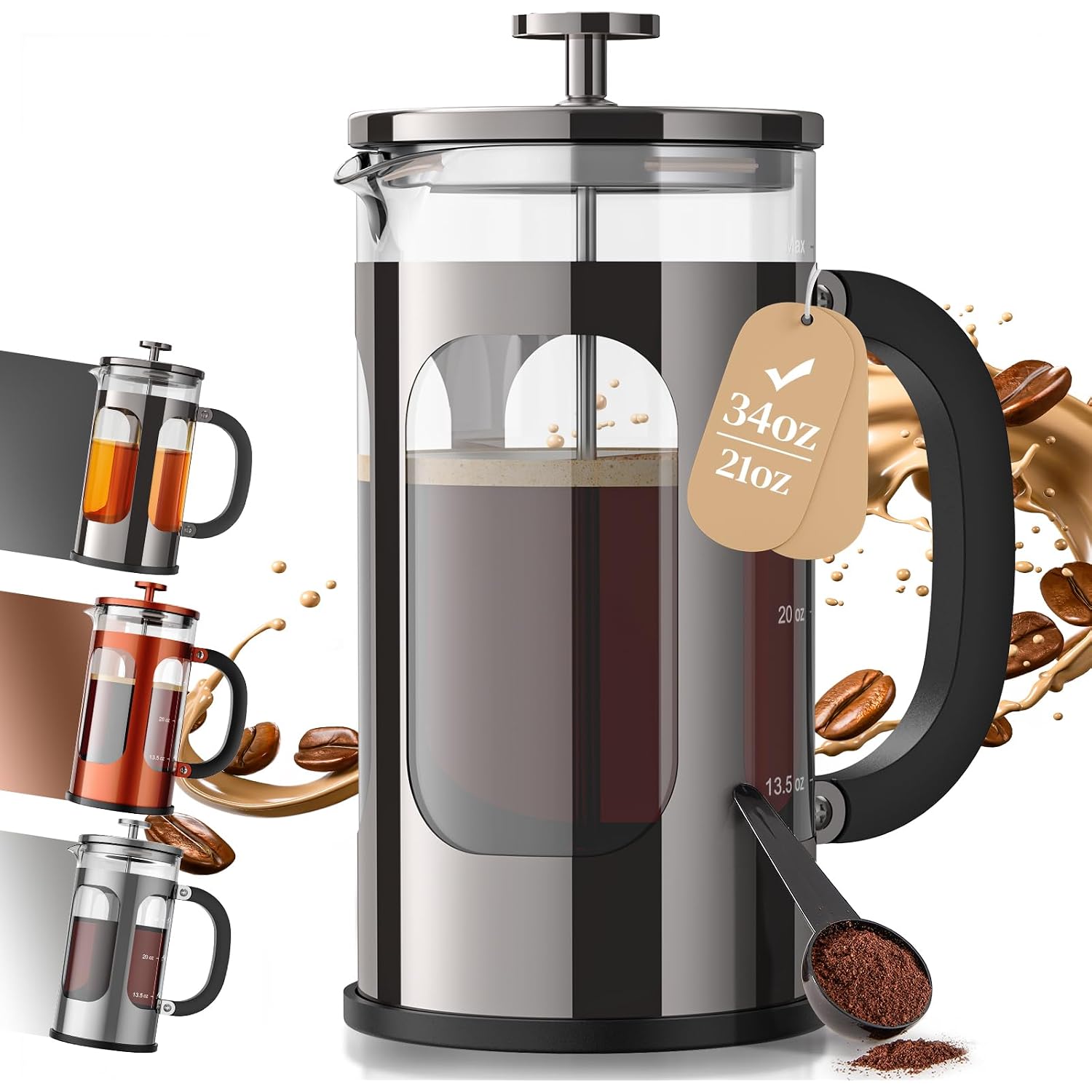 Veken French Press Coffee Maker 34Oz, No Plastic Touching Cafe,Thickened Glass Stainless Steel Brewer, Cold Brew Cafetera Tea Pot For Kitchen Travel Camping, Gifts, Decor, Bar Accessories, Dark Pewter