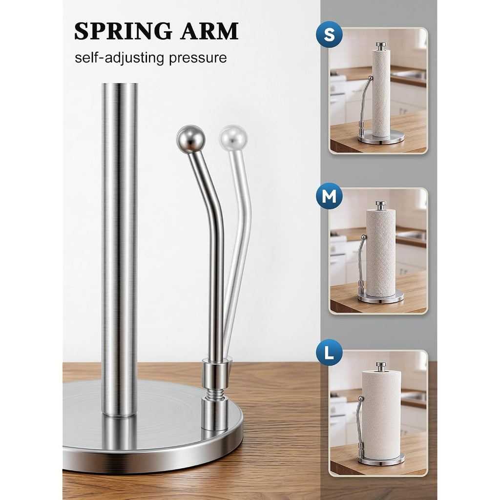 Smartake Paper Towel Holder, Paper Towel Dispenser Standing Weighted Base Non Slip, Spring Arm For Easy Tear, Stainless Steel Paper Towel Holder For Home Kitchen Countertop Tabletop, Silver