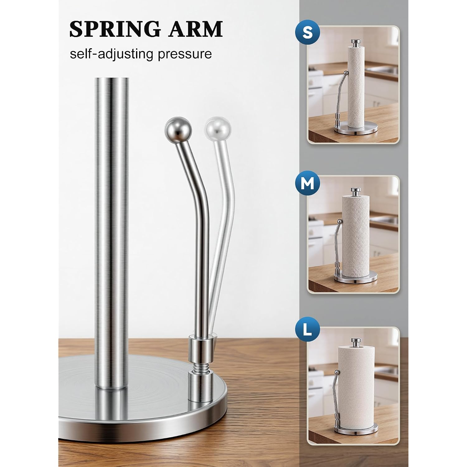 Smartake Paper Towel Holder, Paper Towel Dispenser Standing Weighted Base Non Slip, Spring Arm For Easy Tear, Stainless Steel Paper Towel Holder For Home Kitchen Countertop Tabletop, Silver