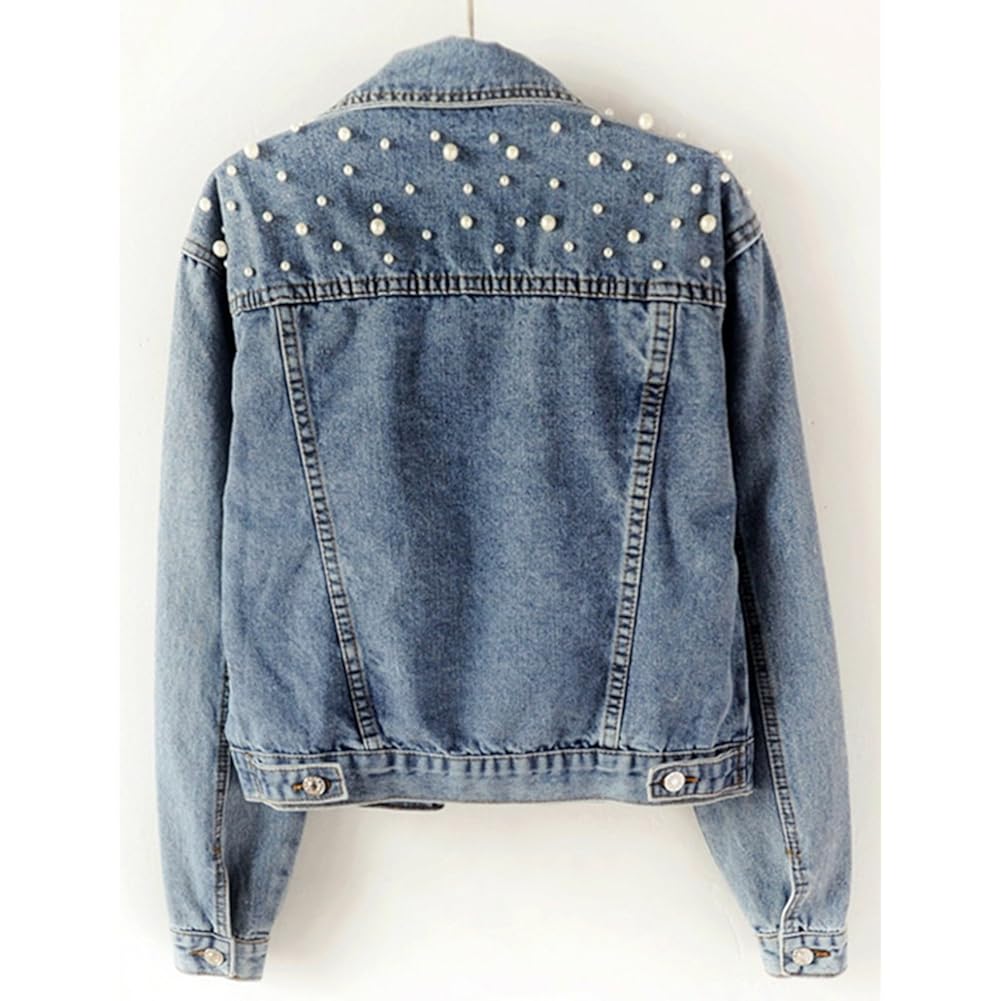 Women'S Embroidered Pearl Denim Jean Jacket Coat