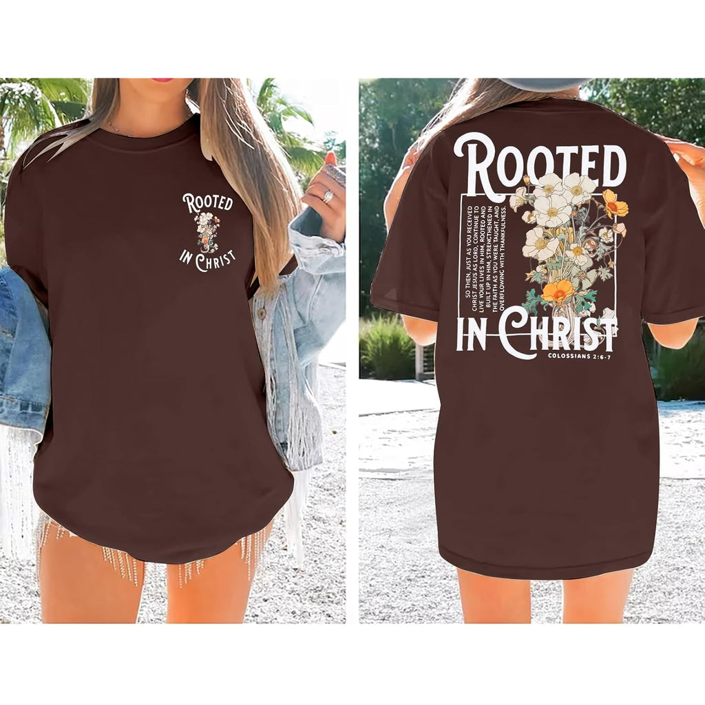 Rooted in Christ Shirt Christian Shirts for Women Jesus Oversized Tshirt Bible Verse Graphics Tees Tops Brown