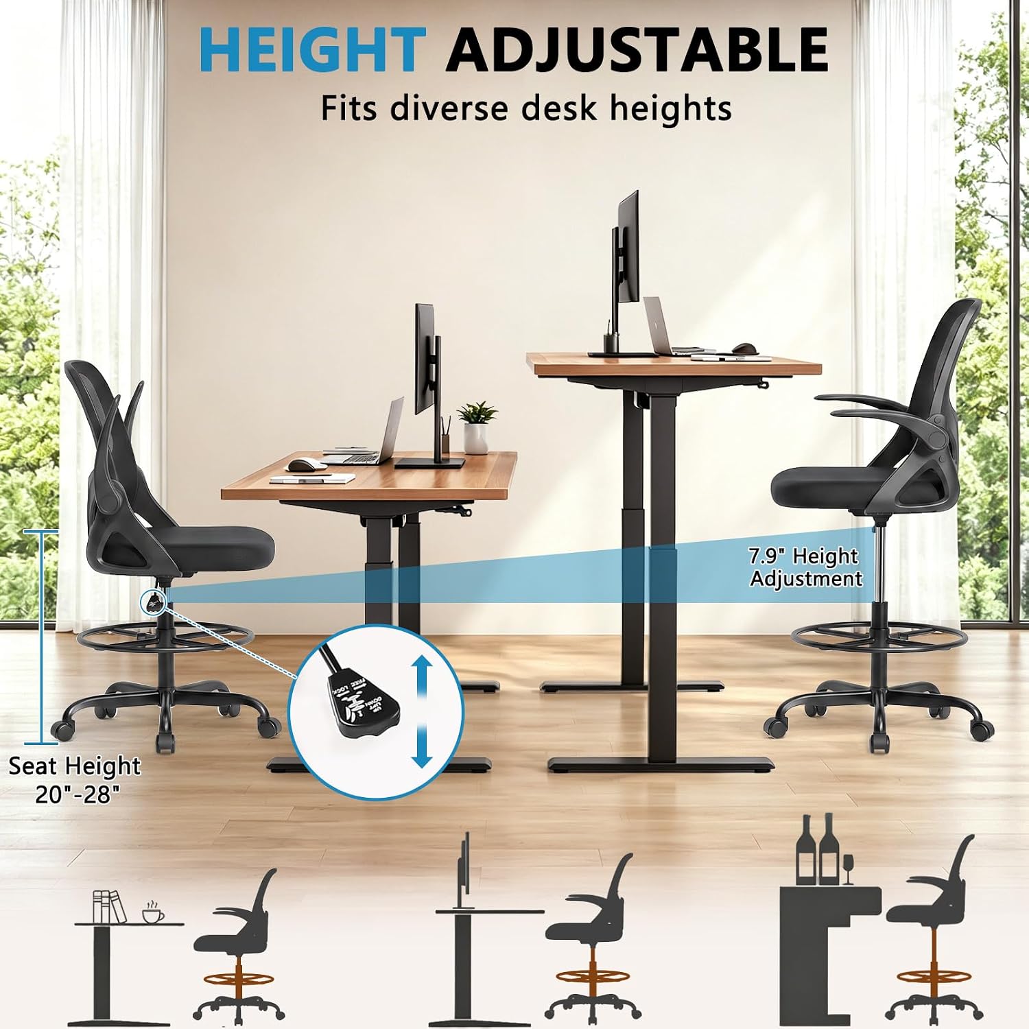 Drafting Chair Tall Office Chair, Ergonomic Standing Desk Chair With Adjustable Foot Ring And Flip-Up Armrests, Mesh Computer Chair For Art Studio, 300 Lbs, Black
