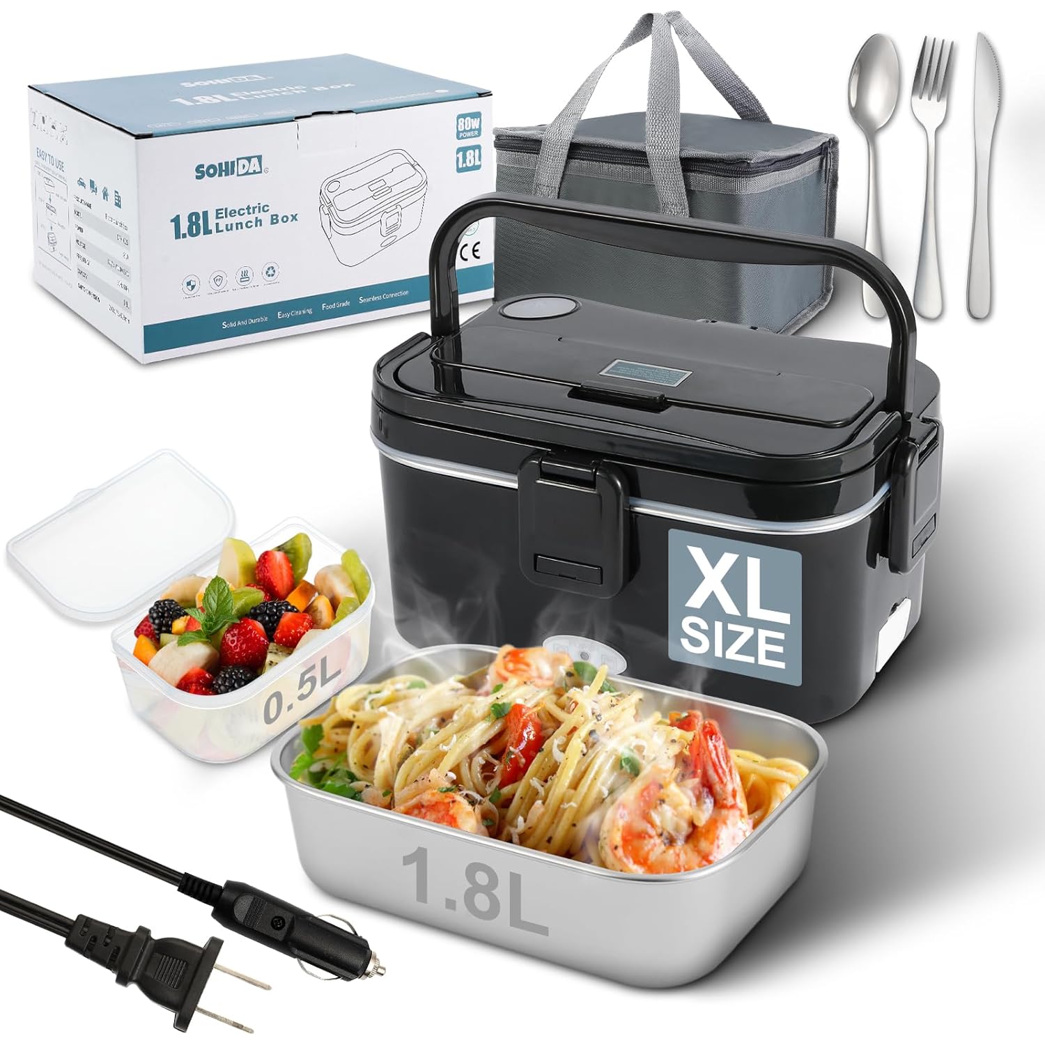 SOHIDA 1.8L+0.5L Heated Lunch Box for Men, 80W Electric Lunch Box with Long-handled Utensils for Adults, 12V/24V/110V Lonchera Eléctrica Portátil, Portable Food Warmer for Car/Truck/Office (Black)