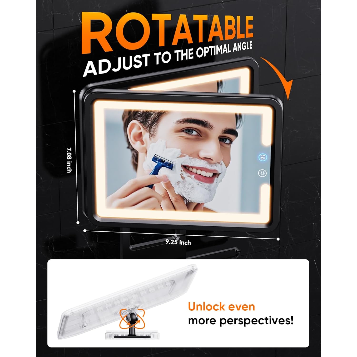 Heated Shower Mirror Fogless For Shaving (Gen 3) - 3 Colors Stepless Dimmable Lights, Anti-Fog Shaving Mirror With Razor Holder, No-Drilling, Removable - Black
