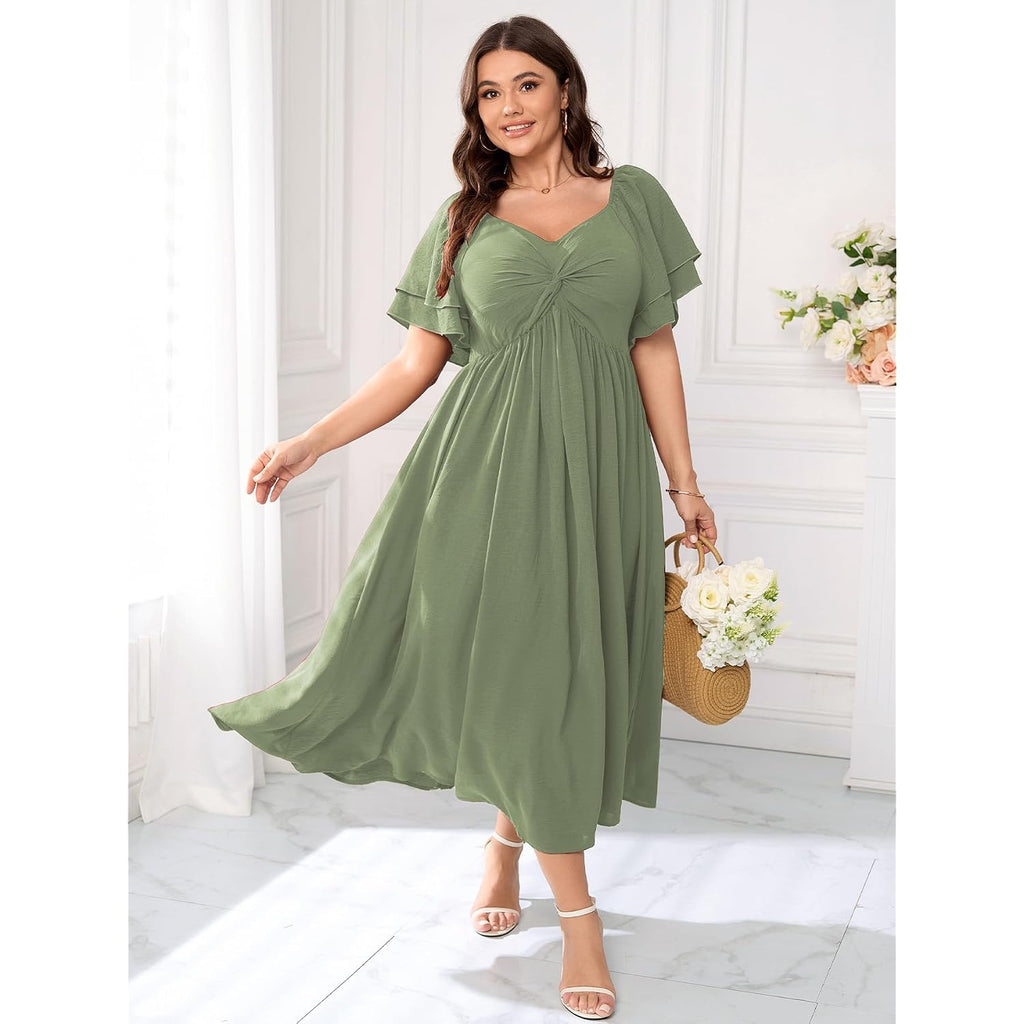 Scomchic Women'S Plus Size Wedding Guest Cocktail Dresses Sweetheart Neckline Ruffle Sleeve A Line Maxi Dress