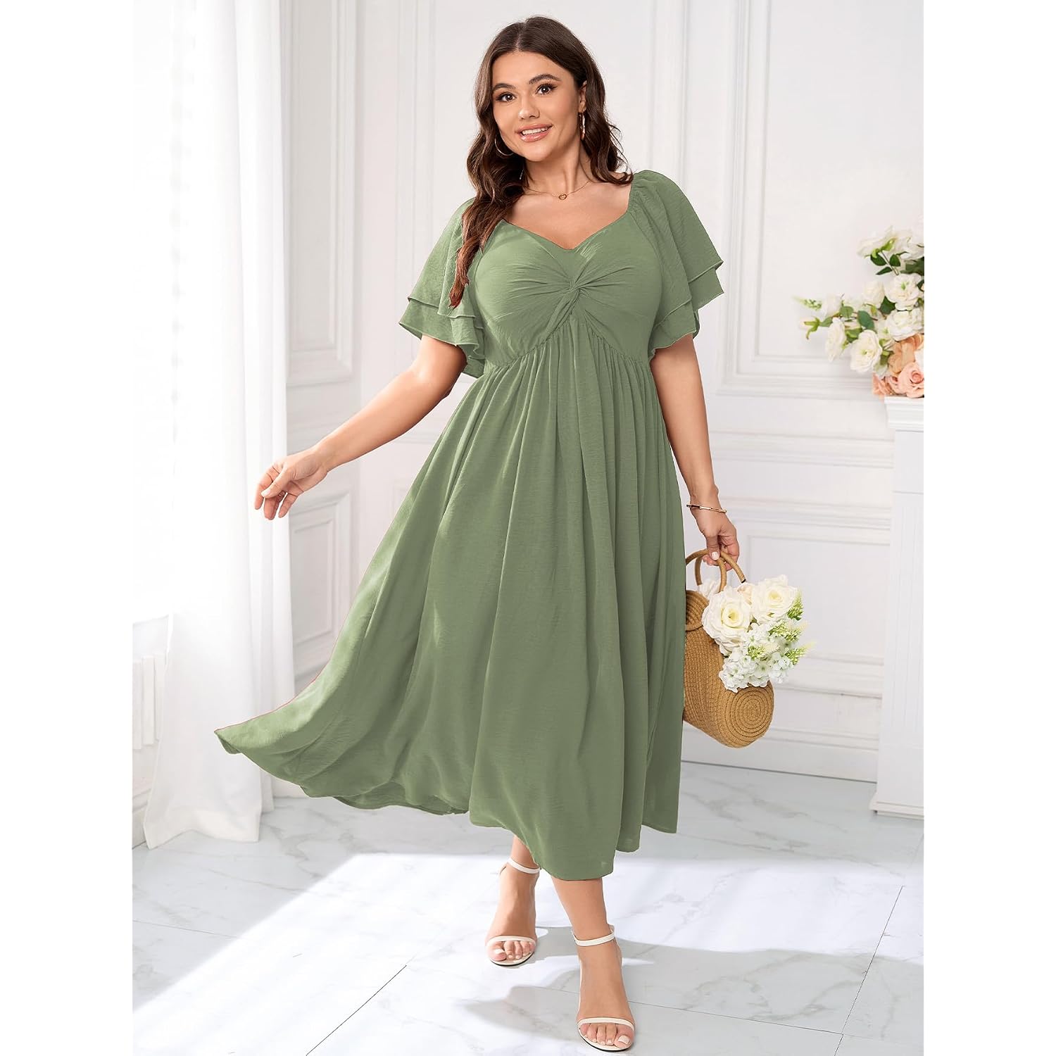 Scomchic Women'S Plus Size Wedding Guest Cocktail Dresses Sweetheart Neckline Ruffle Sleeve A Line Maxi Dress
