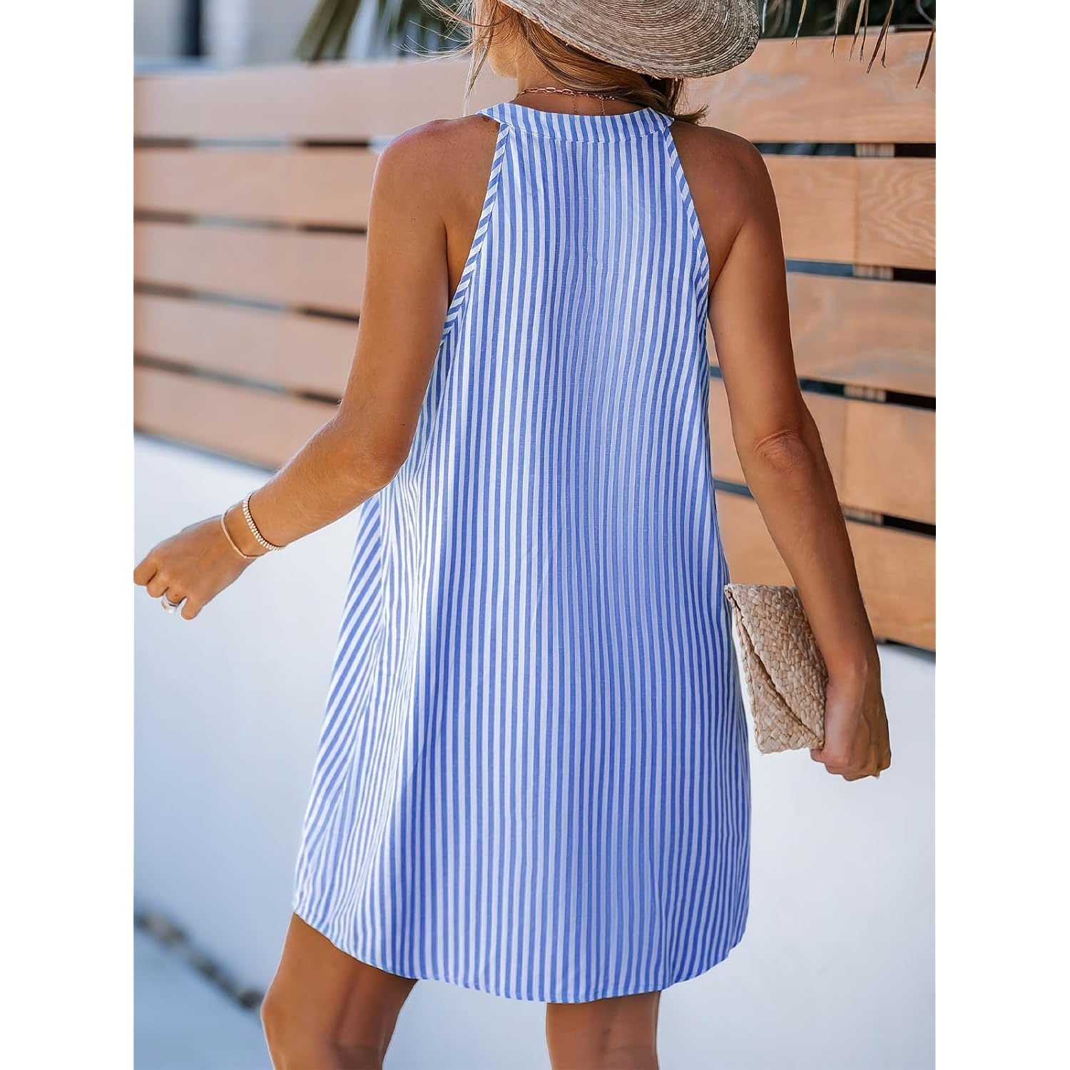 Cupshe Womens Summer Dresses V Neck Sleeveless Striped Button Up Mini Casual Coverup Dress