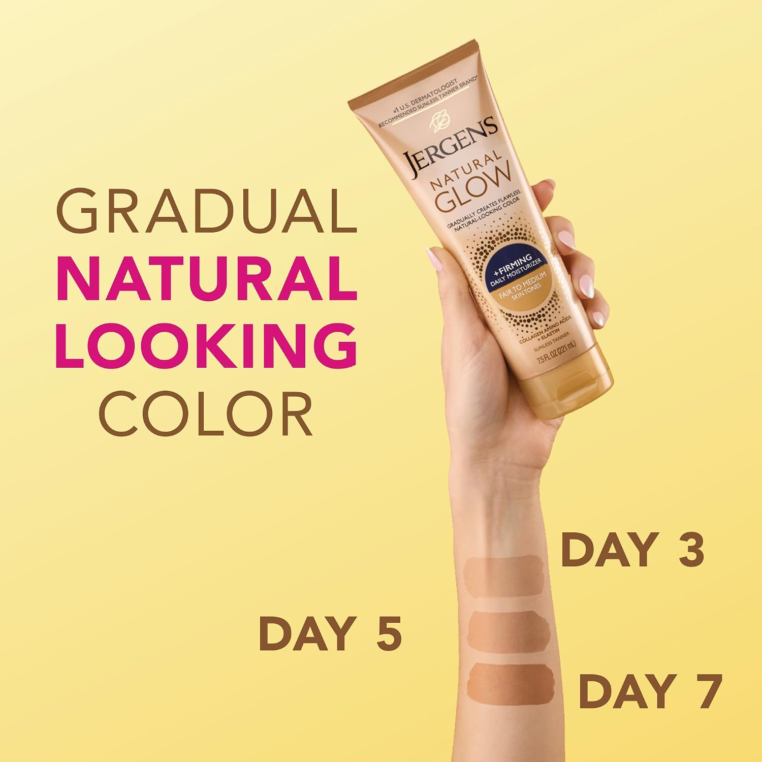 Jergens Natural Glow +Firming Self Tanner Body Lotion, Fair To Medium Skin Tone, Sunless Tanning Moisturizer With Collagen And Elastin. Helps To Visibly Reduce Cellulite, 7.5 Fl Oz