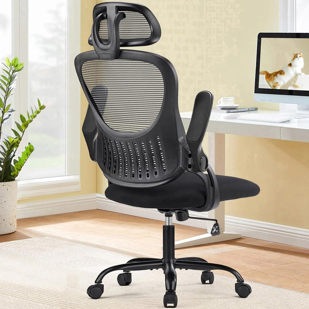 Sweetcrispy Office Computer Desk Chair, Ergonomic High-Back Mesh Rolling Work Chairs With Wheels And Adjustable Headrests, Comfortable Lumbar Support, Comfy Flip-Up Arms For Home, Bedroom, Study,Black