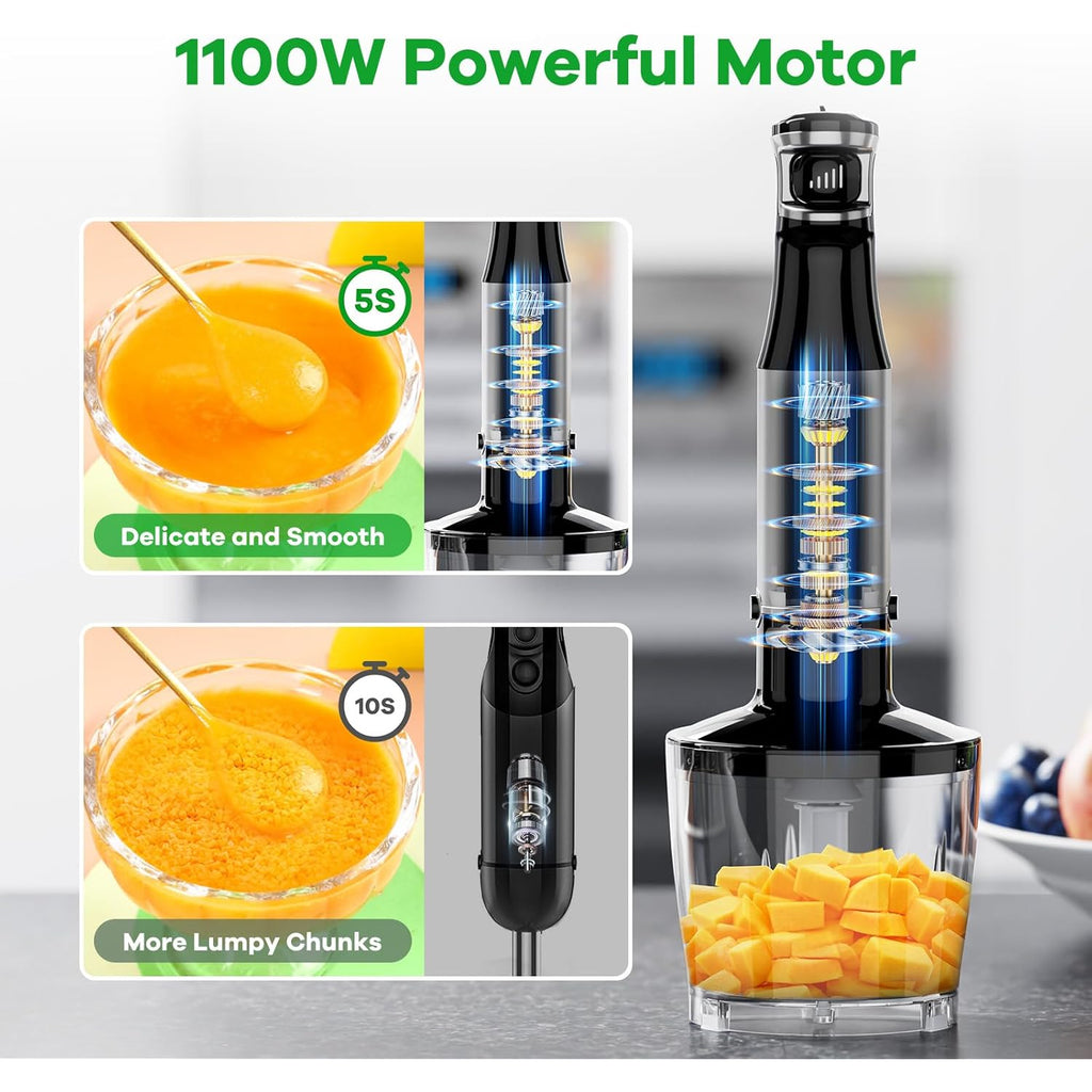 Turelar Immersion Blender Handheld Corded Hand Blenders Set 1100W, Trigger Variable Speed 5 in 1 Stick Emulsifier with Chopper, Whisk and Frother for Soup, Baby Food and Smoothies, Black
