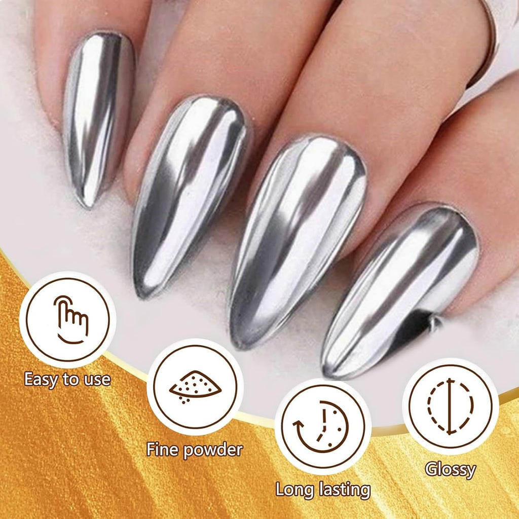 Silver Gold Nail Chrome Powder Set Mirror Design Effect Nail Glitters Pigment Dust Silver Gold Chrome Nail Powder Kit Accessories DIY
