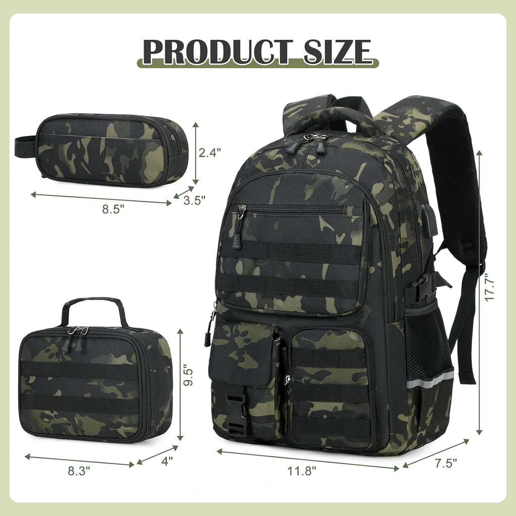 Camo Backpack For Boys With Lunch Box Pencil Case Usb Charging Port | Tactical Boys Backpack For School Kids Military Army Schoolbags For Boy Teens Kids Elementary Middle High, Black Grey Camo